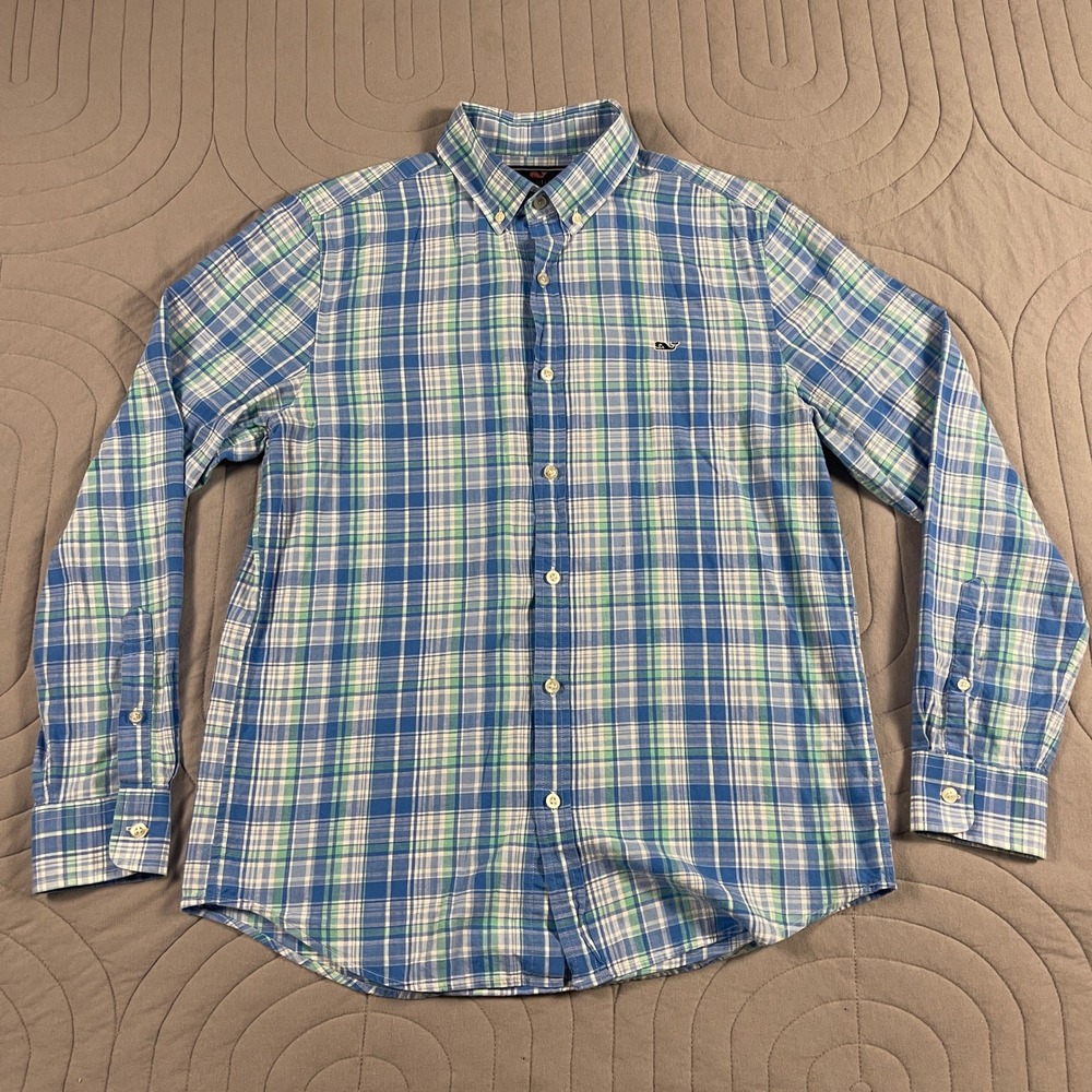 Vineyard Vines Slim Fit Whale Shirt Mens Medium Blue Plaid Cotton Long Sleeve